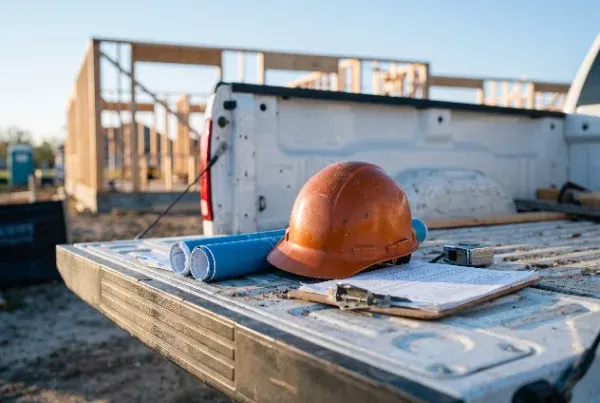 Contractor's truck tailgate with blueprints and paperwork