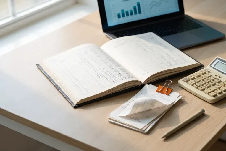 Open ledger with receipts and a calculator on a desk