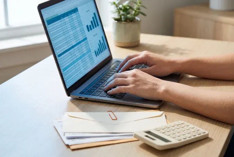 Hands at a laptop beside a stack of pay stubs