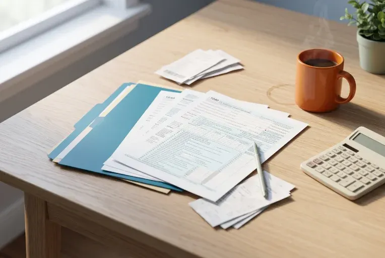 Tax forms with a calculator and coffee on a table